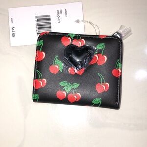 Betsey Johnson Luv Betsey LBMONEY Black & Red Cherry Print Snap Card Wallet NWT